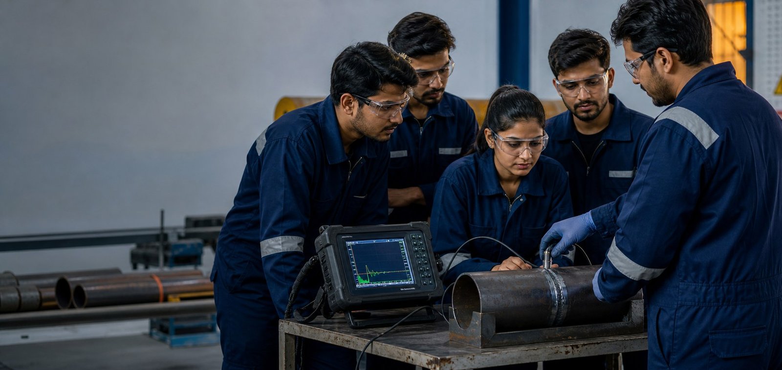 Students receiving practical NDT inspection training